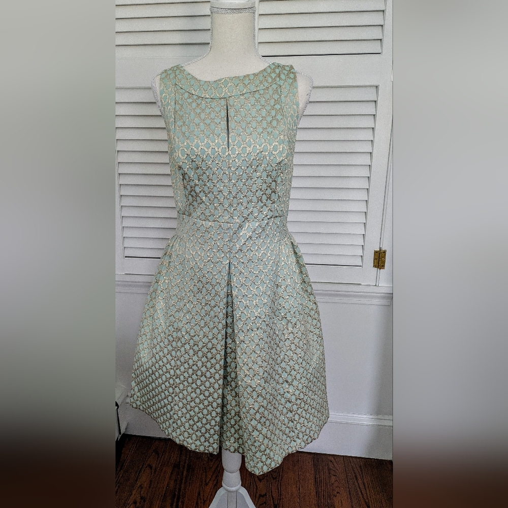 Lauren Ralph Lauren Mint Green and Gold Brocade Midi Dress